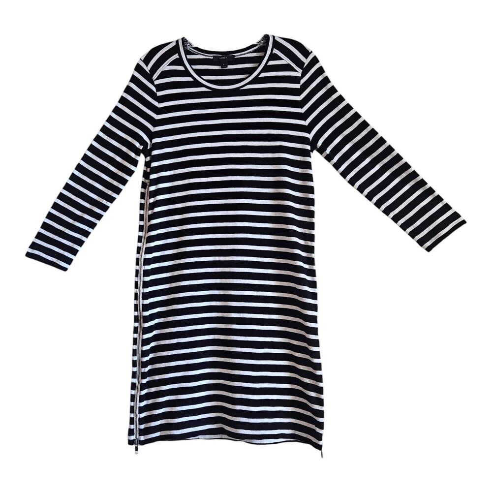 J. CREW Women's S T-Shirt Dress Black White Striped Side Zippers 3/4 Sleeve